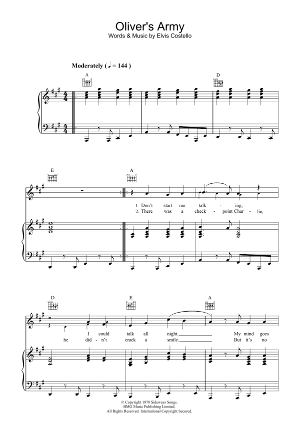 Elvis Costello Oliver's Army Musik Noten - Piano, Vocal & Guitar Chords - 34000-0