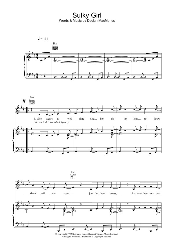 Elvis Costello Sulky Girl Musik Noten - Piano, Vocal & Guitar Chords - 37984-0