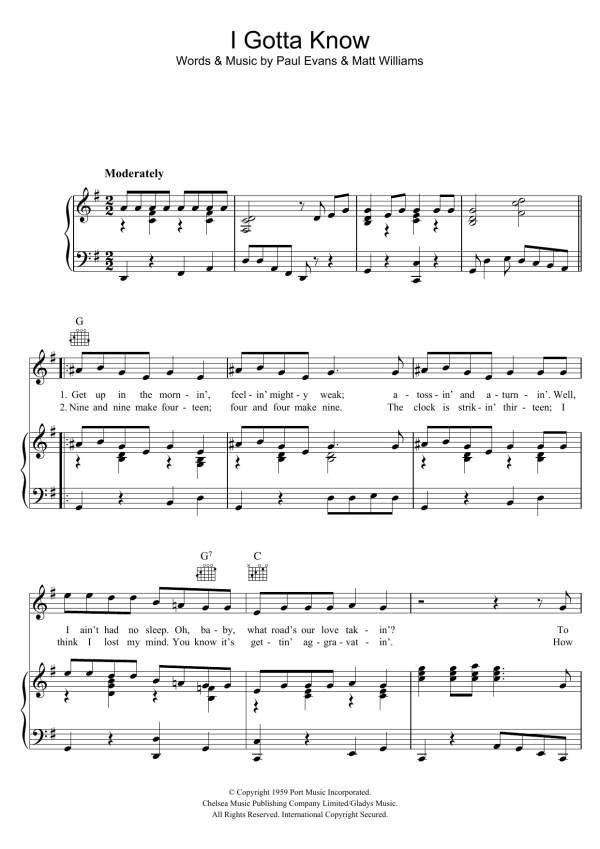 Elvis Presley I Gotta Know Musik Noten - Piano, Vocal & Guitar Chords - 121107-0