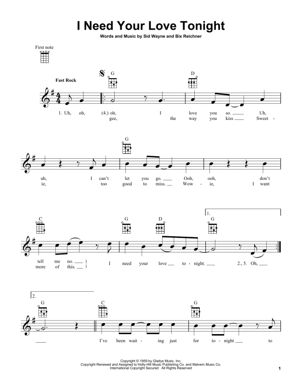 Elvis Presley I Need Your Love Tonight Musik Noten - Piano & Vocal - 158475-0
