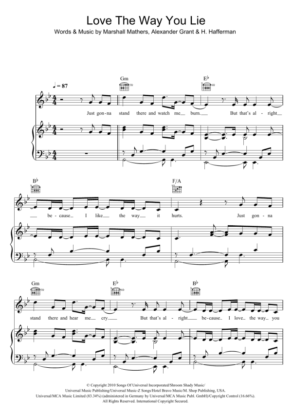 Eminem Love The Way You Lie (featuring Rihanna) Musik Noten - Piano, Vocal & Guitar Chords - 103128-0