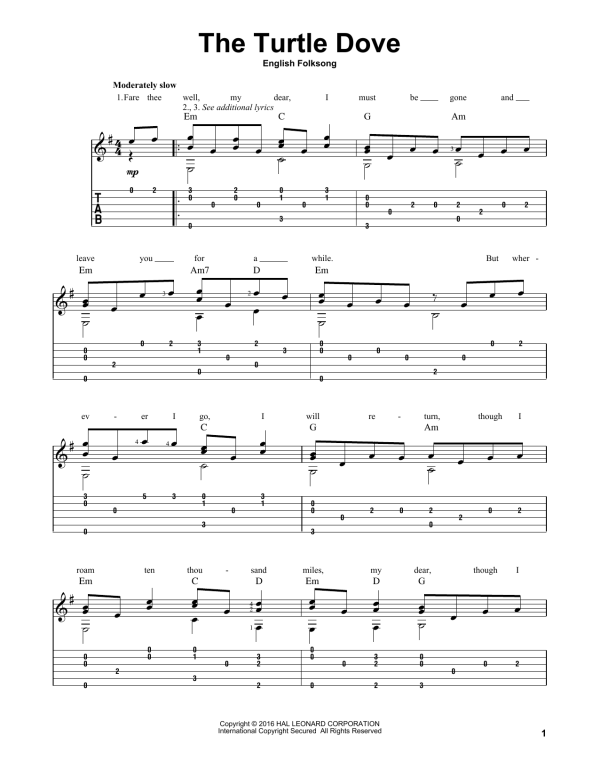 English Folksong The Turtle Dove (arr. Mark Phillips) Musik Noten - Solo Guitar - 167456-0