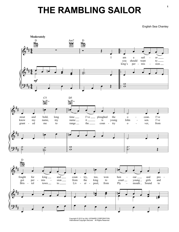 English Sea Chantey The Rambling Sailor Musik Noten - Piano, Vocal & Guitar Chords - 87947-0