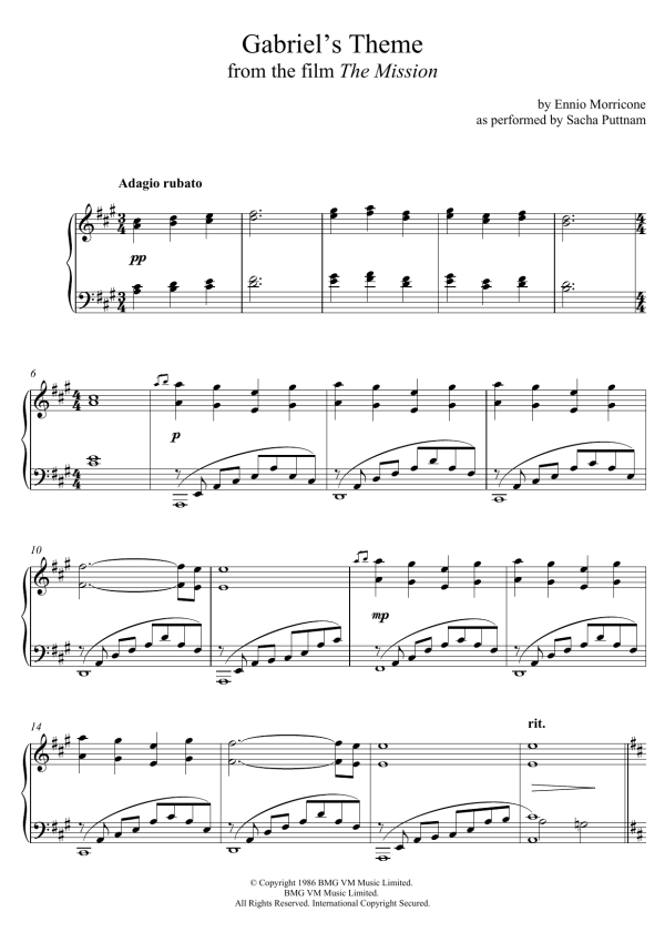 Ennio Morricone Gabriel's Oboe (from The Mission) (as performed by Sacha Puttnam) Musik Noten - Piano Solo - 119411-0