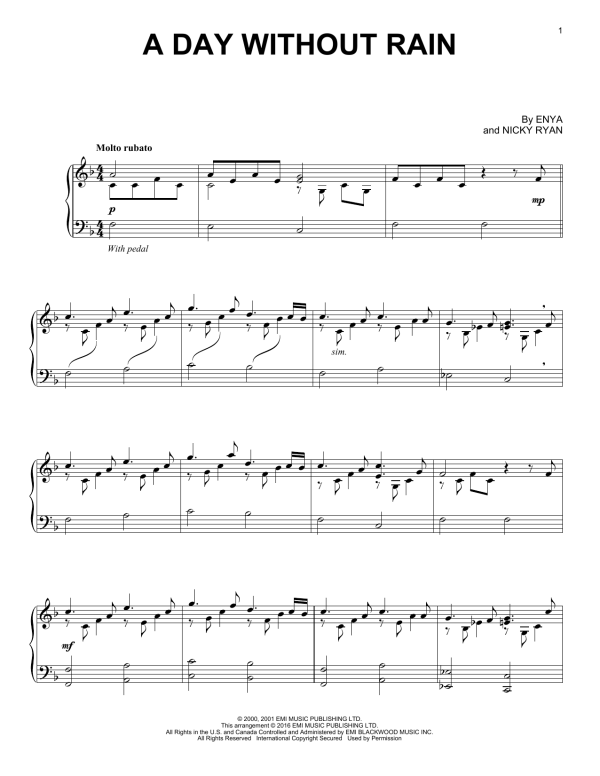 Enya A Day Without Rain Musik Noten - Piano Solo - 171989-0