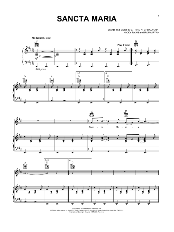 Enya Sancta Maria Musik Noten - Piano, Vocal & Guitar Chords - 175196-0