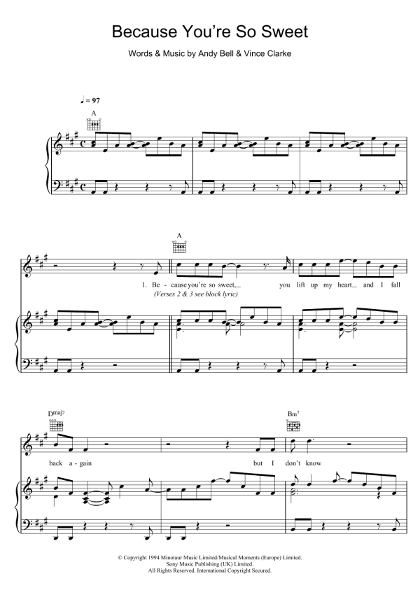 Erasure Because You're So Sweet Musik Noten - Piano, Vocal & Guitar Chords - 102817-0