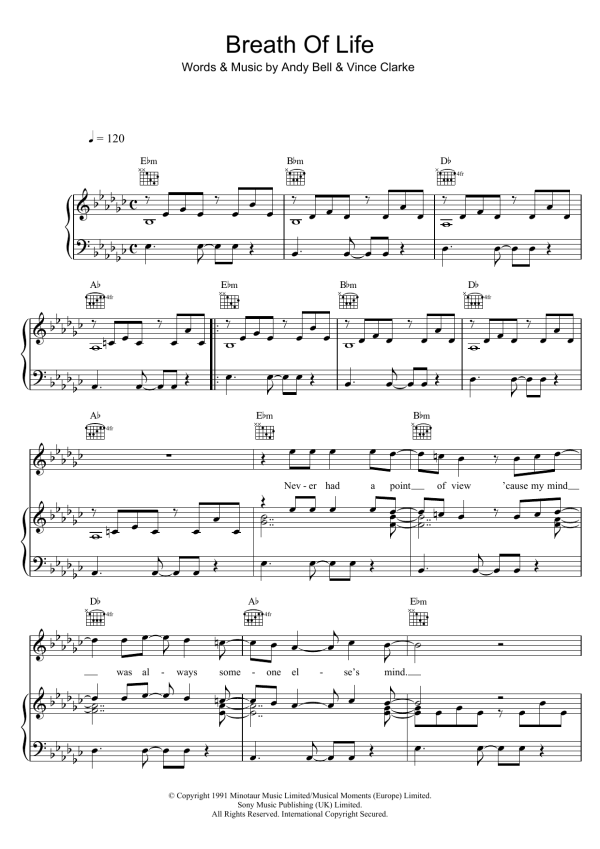 Erasure Breath Of Life Musik Noten - Piano, Vocal & Guitar Chords - 102815-0