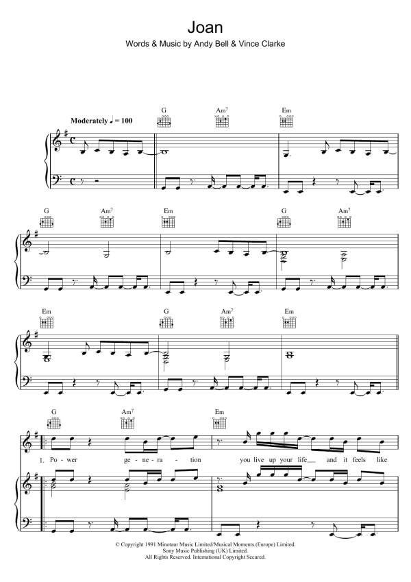 Erasure Joan Musik Noten - Piano, Vocal & Guitar Chords - 102807-0