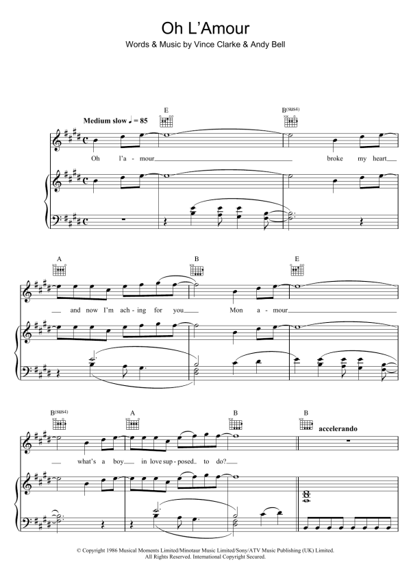 Erasure Oh L'Amour Musik Noten - Piano, Vocal & Guitar Chords - 102802-0