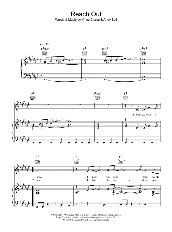 Erasure Reach Out Musik Noten - Piano, Vocal & Guitar Chords - 17634-0