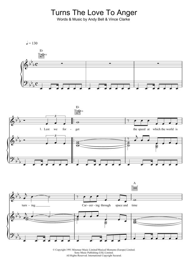 Erasure Turns The Love To Anger Musik Noten - Piano, Vocal & Guitar Chords - 102793-0