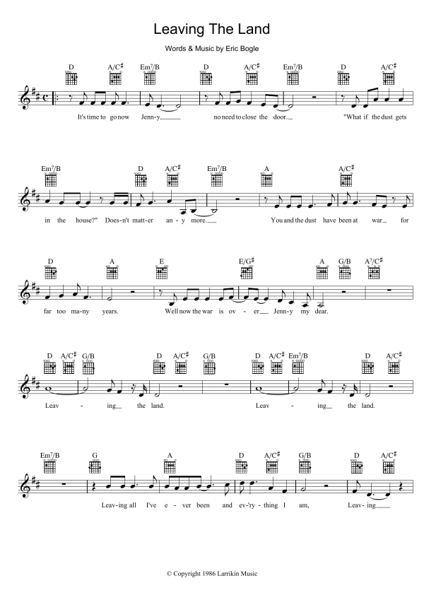 Eric Bogle Leaving The Land Musik Noten - Lead Sheet / Fake Book - 39276-0