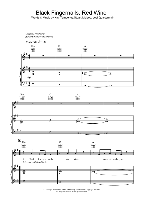 Eskimo Joe Black Fingernails, Red Wine Musik Noten - Piano, Vocal & Guitar Chords - 38173-0