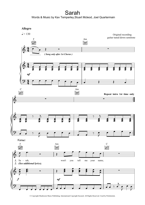 Eskimo Joe Sarah Musik Noten - Piano, Vocal & Guitar Chords - 38638-0