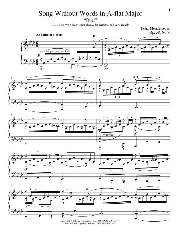 Felix Mendelssohn Song Without Words In A-Flat Major, "Duet," Op. 38, No. 6 Musik Noten - Piano Solo - 155778-0