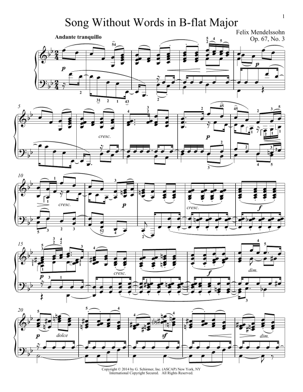 Felix Mendelssohn Song Without Words In B-Flat Major, Op. 67, No. 3 Musik Noten - Piano Solo - 155857-0