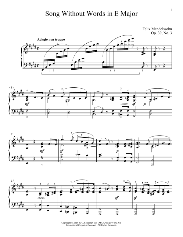 Felix Mendelssohn Song Without Words In E Major, Op. 30, No. 3 Musik Noten - Piano Solo - 155863-0