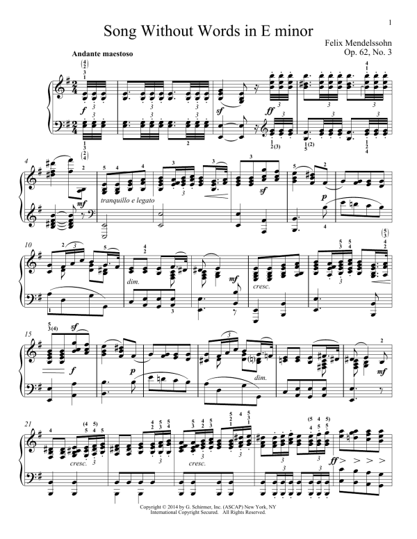 Felix Mendelssohn Song Without Words In E Minor, Op. 52, No. 3 Musik Noten - Piano Solo - 155858-0