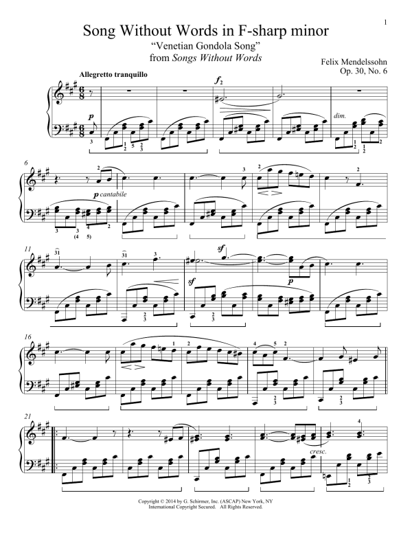 Felix Mendelssohn Song Without Words In F-Sharp Minor "Venetian Gondola Song," Op. 30, No. 6 Musik Noten - Piano Solo - 155864-0