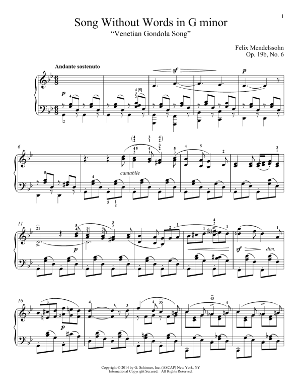 Felix Mendelssohn Song Without Words In G Minor "Venetian Gondola Song," Op. 19, No. 6 Musik Noten - Piano Solo - 155859-0