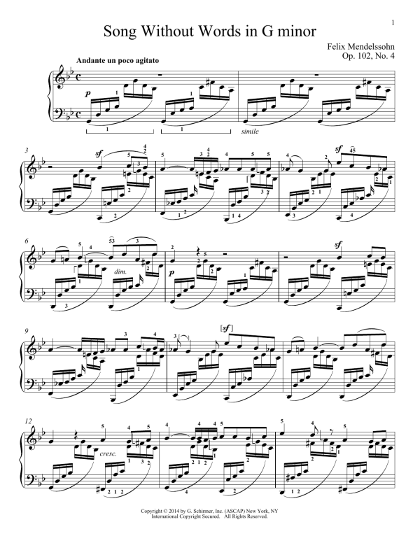 Felix Mendelssohn Song Without Words In G Minor, Op. 102, No. 4 Musik Noten - Piano Solo - 155860-0