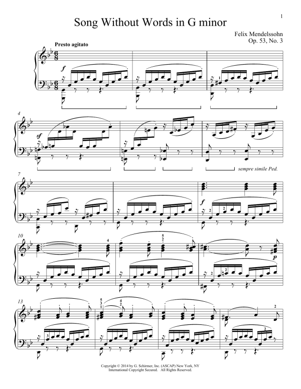 Felix Mendelssohn Song Without Words In G Minor, Op. 53, No. 3 Musik Noten - Piano Solo - 155865-0