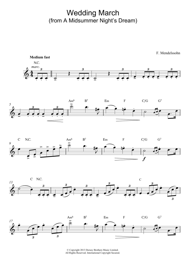 Felix Mendelssohn Wedding March (from A Midsummer Night's Dream) Musik Noten - Lead Sheet / Fake Book - 14874-0