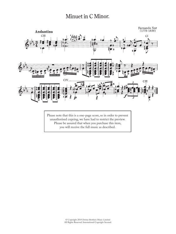 Fernando Sor Minuet In C Minor Musik Noten - Solo Guitar - 118855-0