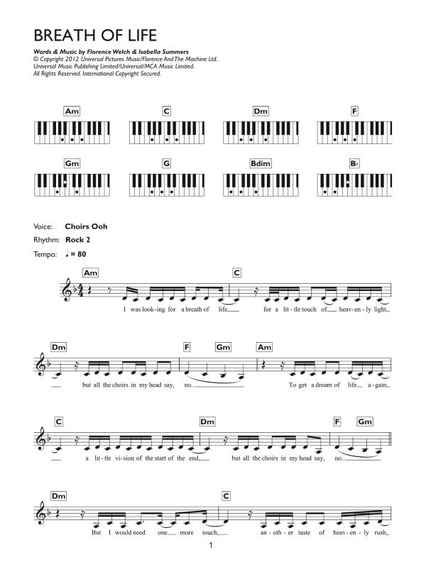 Florence And The Machine Breathe Of Life Musik Noten - Piano Chords/Lyrics - 115045-0
