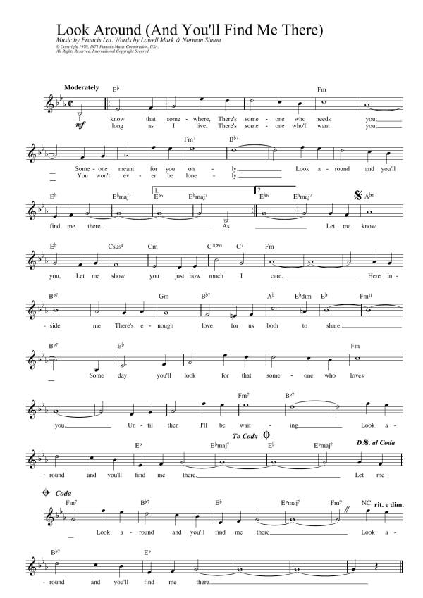Francis Lai Look Around (And You'll Find Me There) (from Love Story) Musik Noten - Lead Sheet / Fake Book - 14675-0