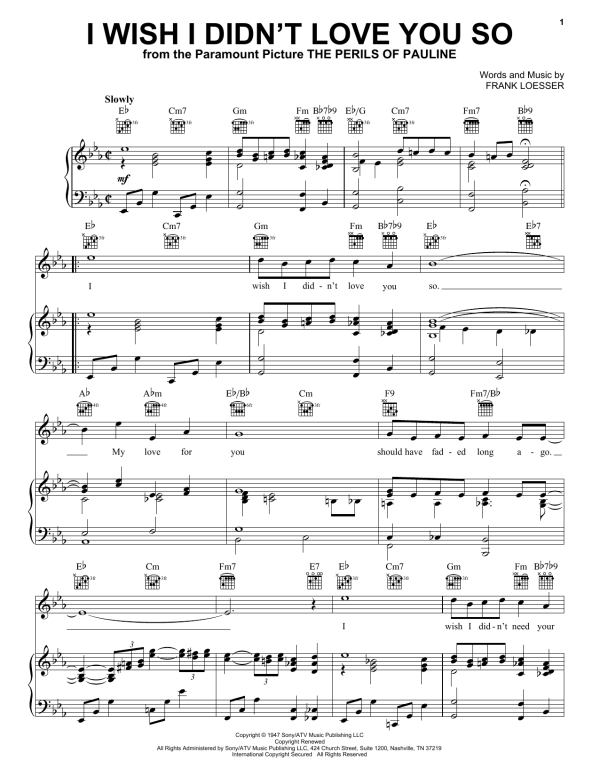 Frank Loesser I Wish I Didn't Love You So Musik Noten - Piano, Vocal & Guitar Chords - 55289-0