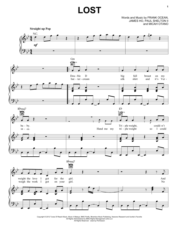 Frank Ocean Lost Musik Noten - Piano, Vocal & Guitar Chords - 95069-0