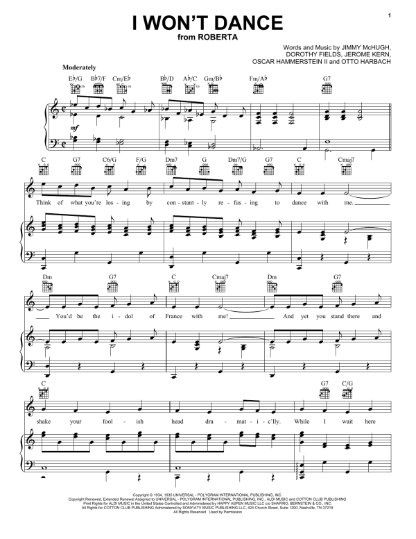 Frank Sinatra I Won't Dance Musik Noten - Piano, Vocal & Guitar Chords - 31545-0