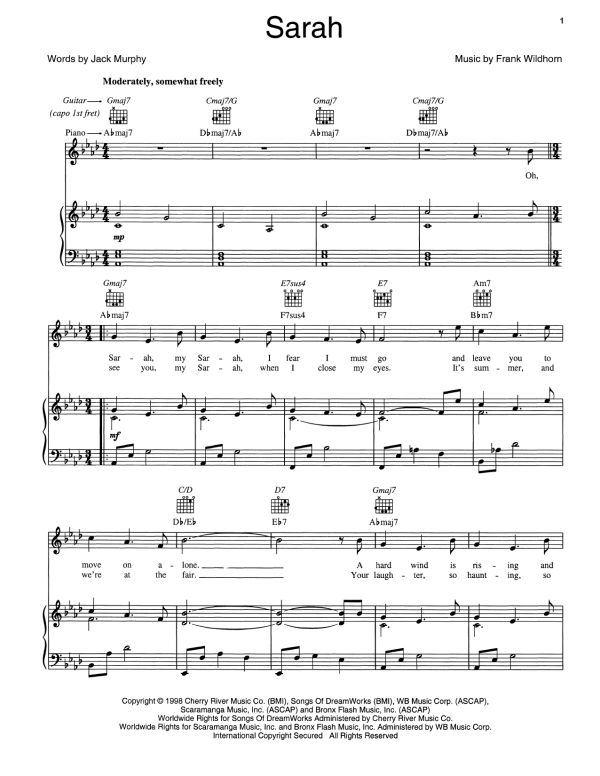 Frank Wildhorn Sarah Musik Noten - Piano, Vocal & Guitar Chords - 159247-0