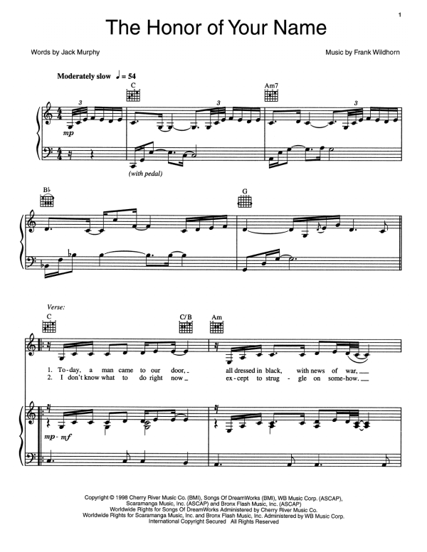 Frank Wildhorn The Honor Of Your Name Musik Noten - Piano, Vocal & Guitar Chords - 159237-0