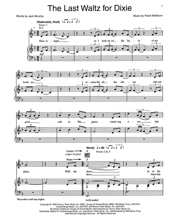 Frank Wildhorn The Last Waltz For Dixie Musik Noten - Piano, Vocal & Guitar Chords - 159245-0