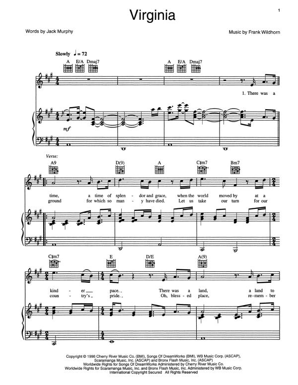 Frank Wildhorn Virginia Musik Noten - Piano, Vocal & Guitar Chords - 159243-0