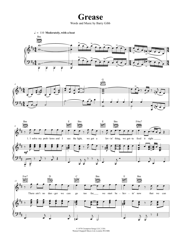 Frankie Valli Grease Musik Noten - Piano, Vocal & Guitar Chords - 91996-0