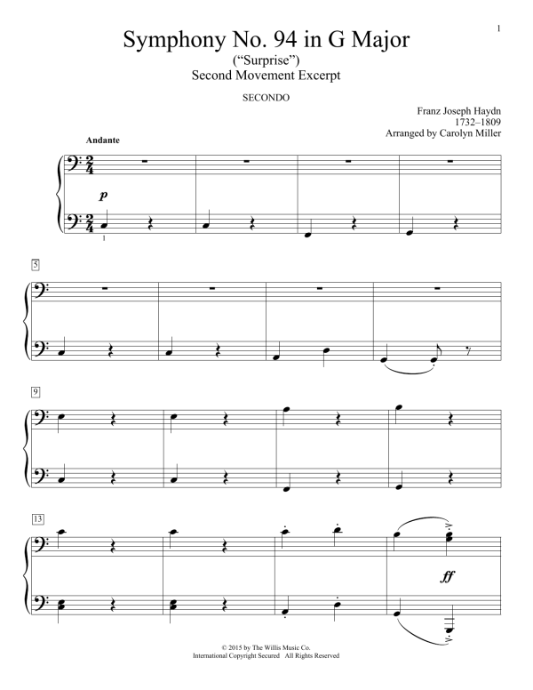 Franz Joseph Haydn Symphony No. 94 (Surprise), 2nd Mvmt. Excerpt (arr. Carolyn Miller) Musik Noten - Piano Duet - 162206-0