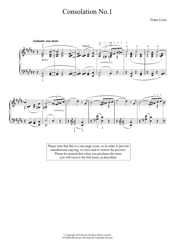 Franz Liszt Consolation No.1 Musik Noten - Piano Solo - 119513-0