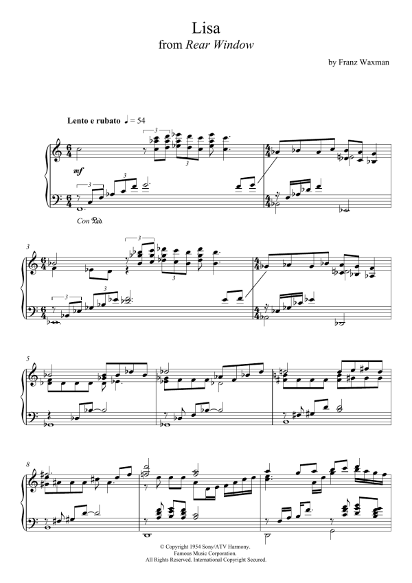 Franz Waxman Lisa (from Rear Window) Musik Noten - Piano Solo - 118636-0