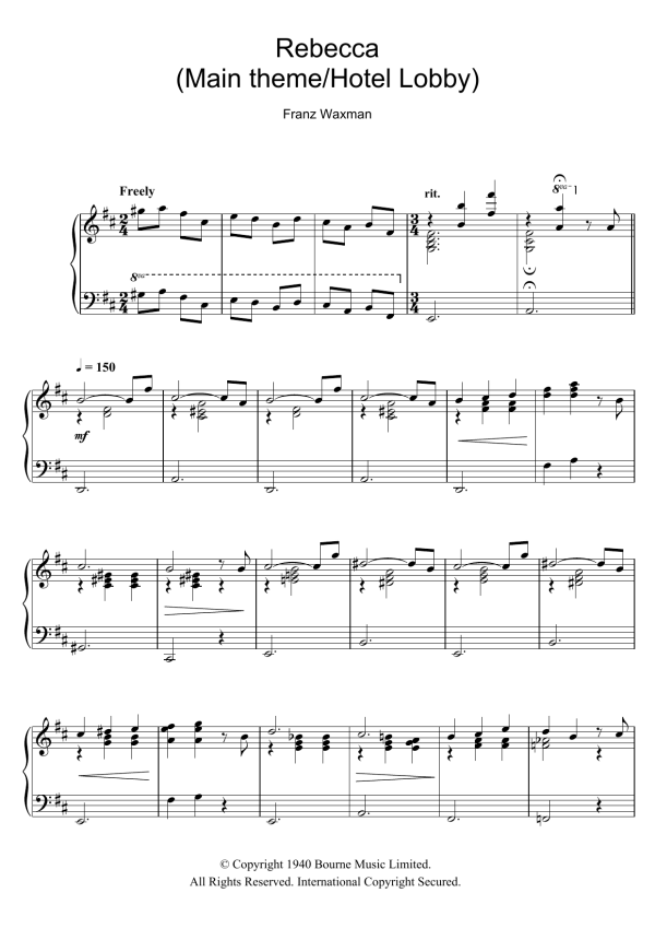 Franz Waxman Rebecca (Main Theme/Hotel Lobby) Musik Noten - Piano Solo - 111617-0