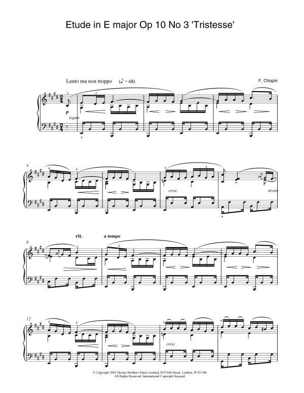 Frederic Chopin Etude In E Major, Op. 10, No. 3 (Tristesse) (Abridged and simplified) Musik Noten - Piano Solo - 24391-0