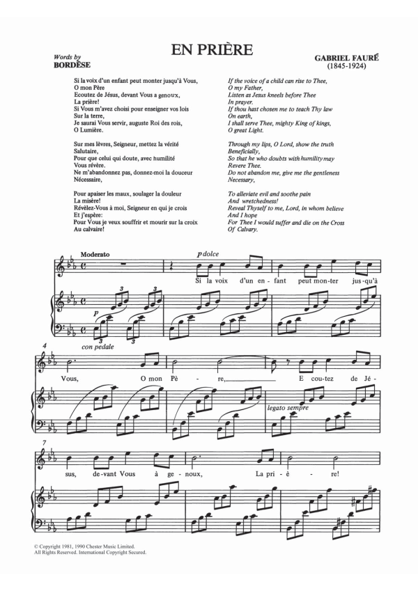 Gabriel Fauré En Priere Musik Noten - Piano & Vocal - 121659-0