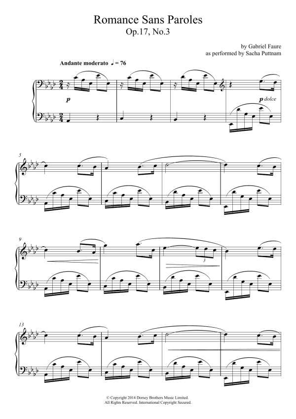 Gabriel Fauré Romance Sans Paroles Op.17, No.3 (as performed by Sacha Puttnam) Musik Noten - Piano Solo - 119404-0