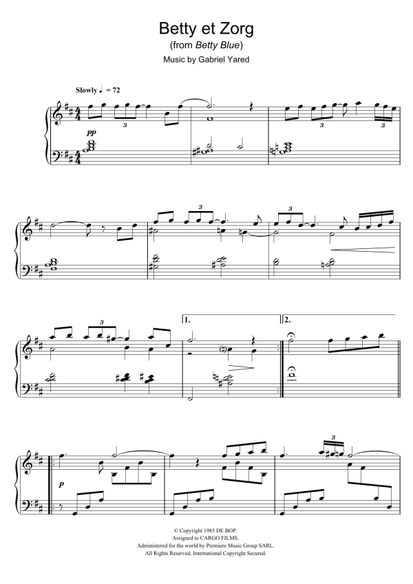 Gabriel Yared Betty et Zorg (from Betty Blue) Musik Noten - Piano Solo - 40020-0
