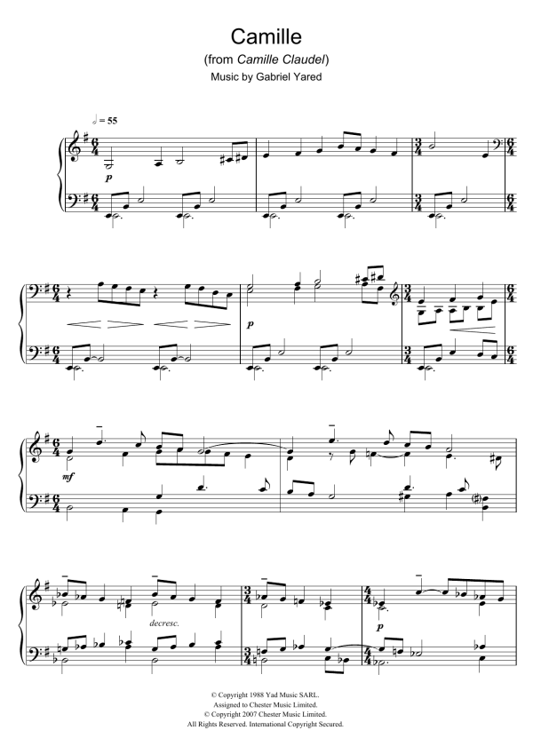 Gabriel Yared Camille (from Camille Claudel) Musik Noten - Piano Solo - 40025-0
