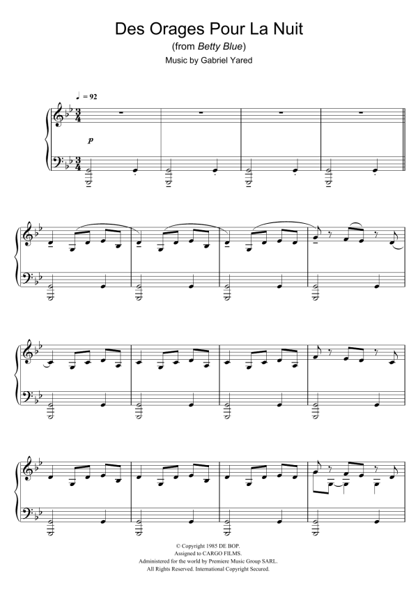 Gabriel Yared Des Orages Pour La Nuit (from Betty Blue) Musik Noten - Piano Solo - 40034-0