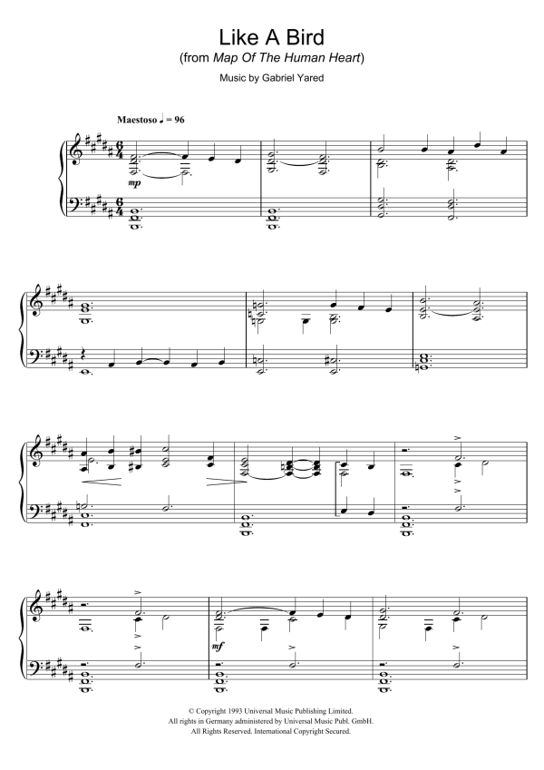 Gabriel Yared Like A Bird (from Map Of The Human Heart) Musik Noten - Piano Solo - 40022-0